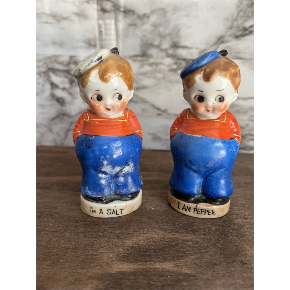 Vintage Sailor Boy Salt and Pepper Shakers Ceramic Japan 1940s Mid-Century Kid
